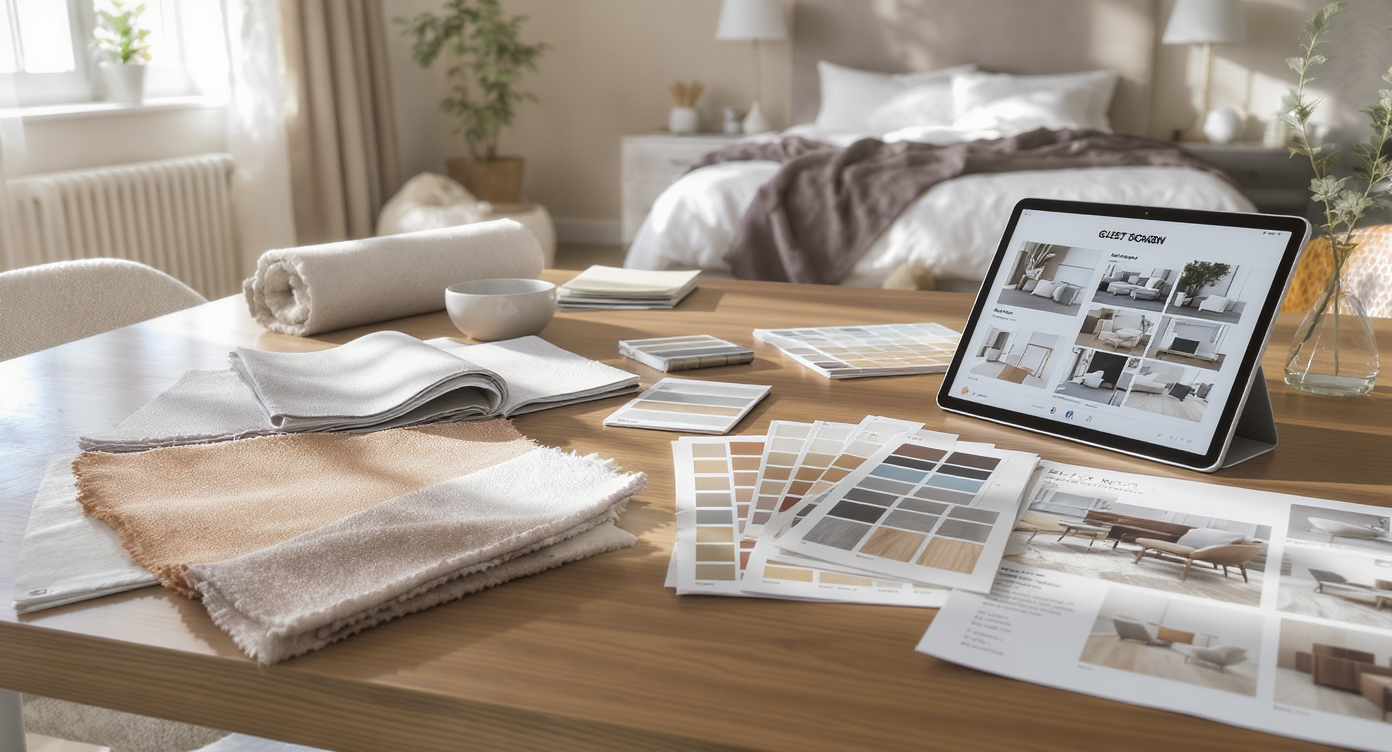 A sunlit desk covered with fabric swatches, color cards, material samples, decor options, and a digital mood board, overlooking a partially decorated guest room.