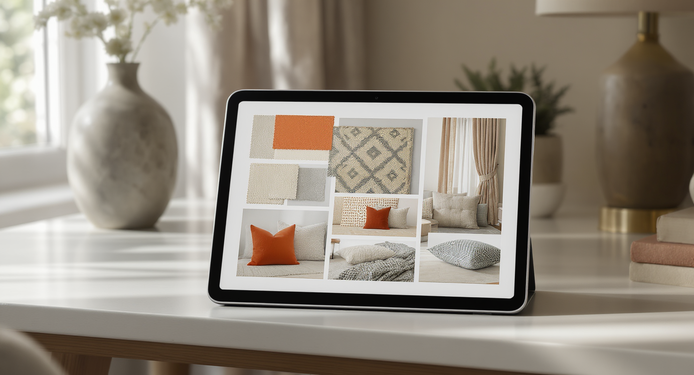 A digital mood board for a guest room sits on a tablet, displaying balanced colors, fabrics, artwork, and rugs arranged with clear, even spacing.