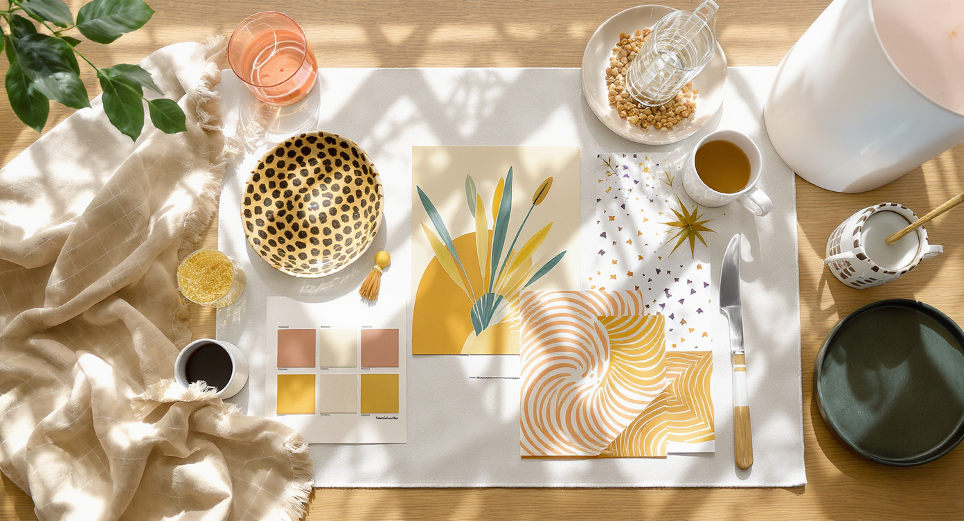 A cheetah art print, vintage platter, fabric swatches, and decor samples arranged on a sunlit desk as a guest room mood board.