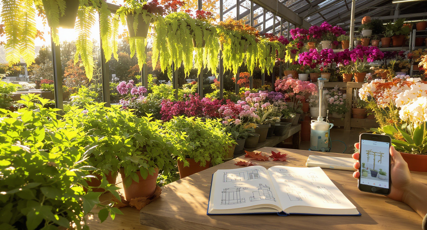 Garden center scene with overflowing pots of lemon balm, trailing lobelia, mounted staghorn ferns in sunlight, and sketches of outdoor ideas on a notebook.