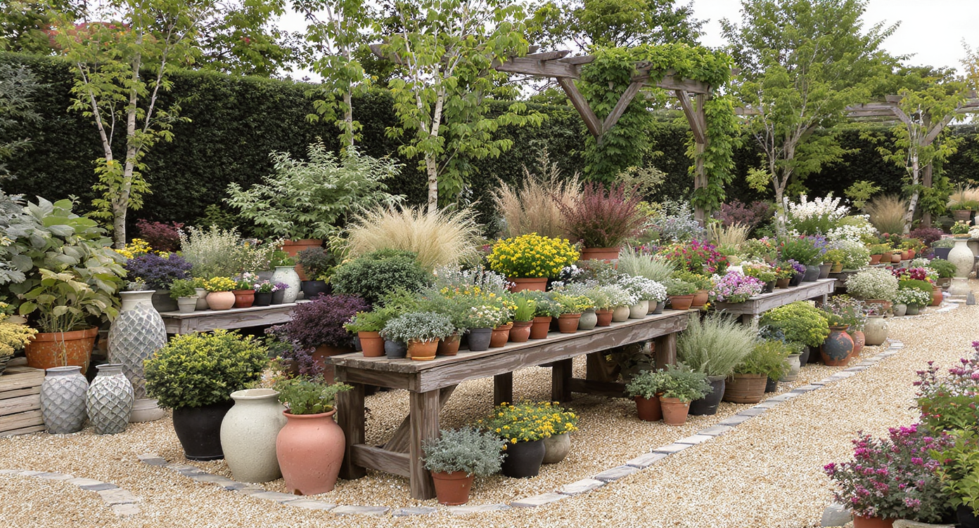 Rows of potted garden plants on display benches in a nursery with clean gravel paths, decorative planters, and lush greenery, no people present.