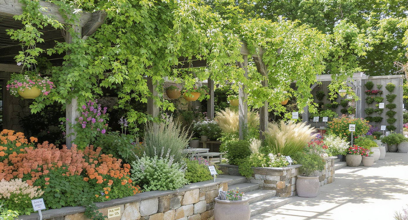 Editorial photo of a plant nursery display: stone-bordered beds, cascading vines over a pergola, modular containers for small spaces, no people.