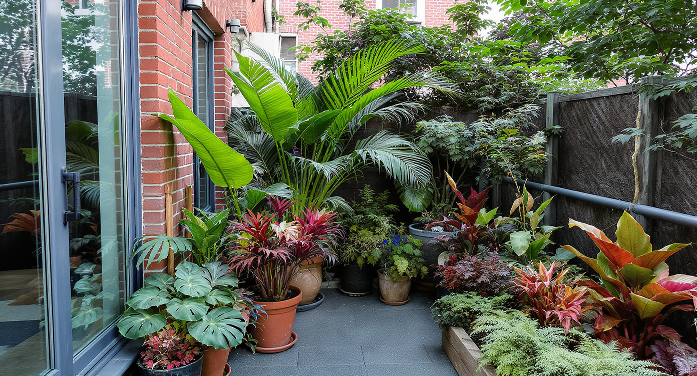 A photorealistic scene of a city balcony with clustered tropical potted plants and a shaded yard corner featuring lush ferns under mature trees.
