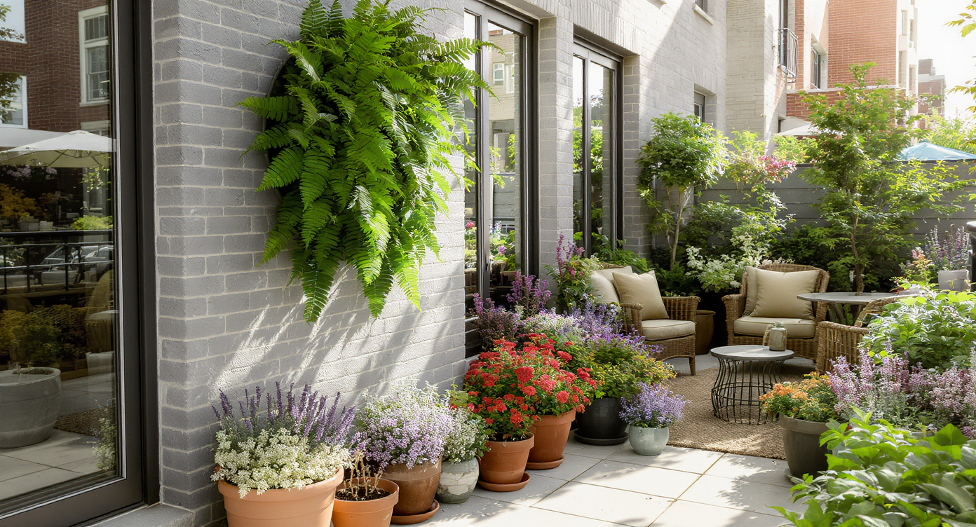 A city balcony corner anchored by a wall-mounted fern and staggered pots of wildflowers, with a lush, layered backyard seating area visible beyond.