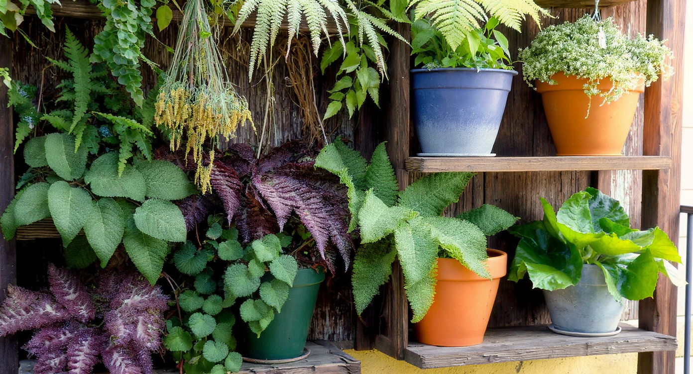 A photorealistic view of a shaded outdoor wall featuring layered ferns and epiphytes in varied containers, with mixed wildflowers and vegetables nearby.