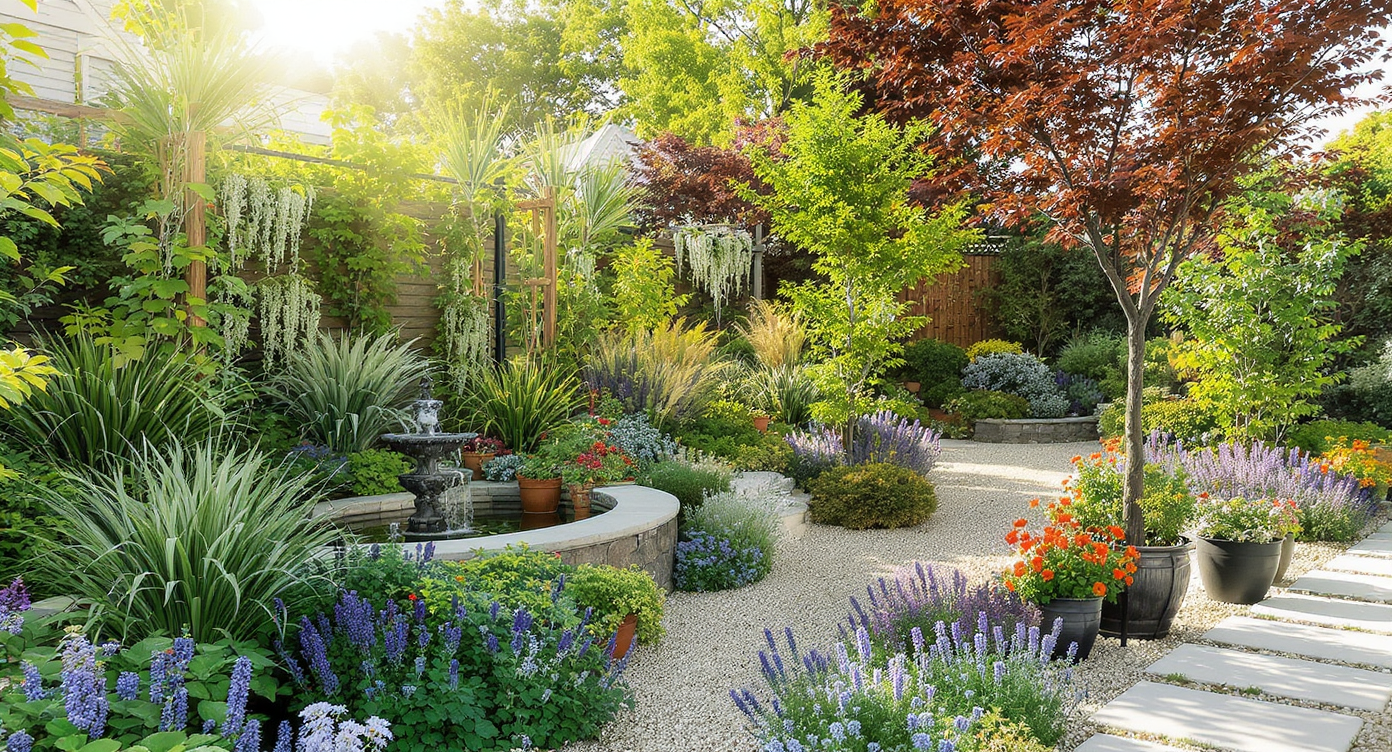 Photorealistic modern plant nursery interior, winding paths, lush potted plants, vertical displays, sunlit water feature, and patio planters.