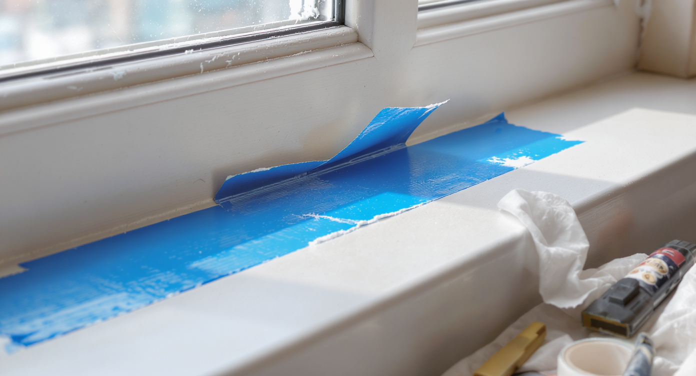 Blue painter’s tape left on a freshly caulked window sill, partially pulled up with messy, torn caulk and paint, tools nearby, in natural daylight.