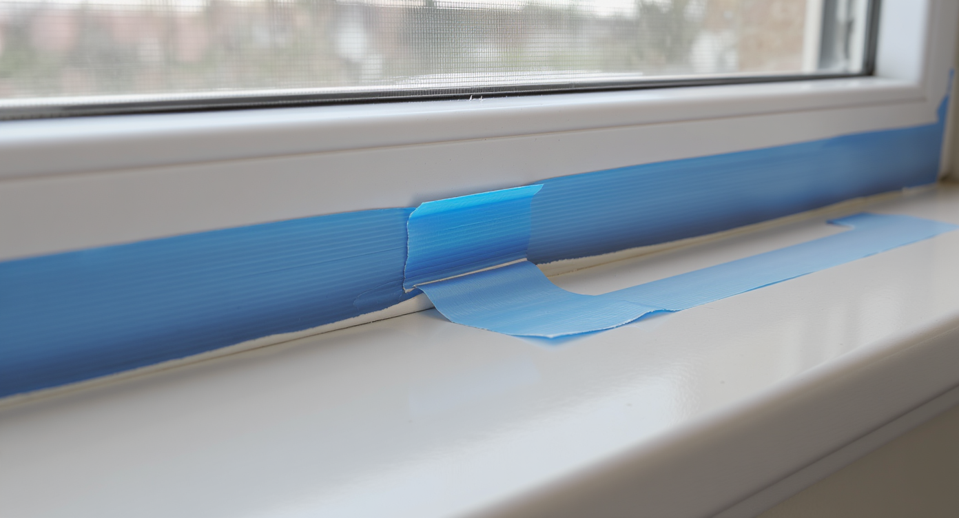 Close-up of a windowsill corner with blue painter’s tape stuck over cured caulk and painted trim, showing sticky residue from difficult removal.