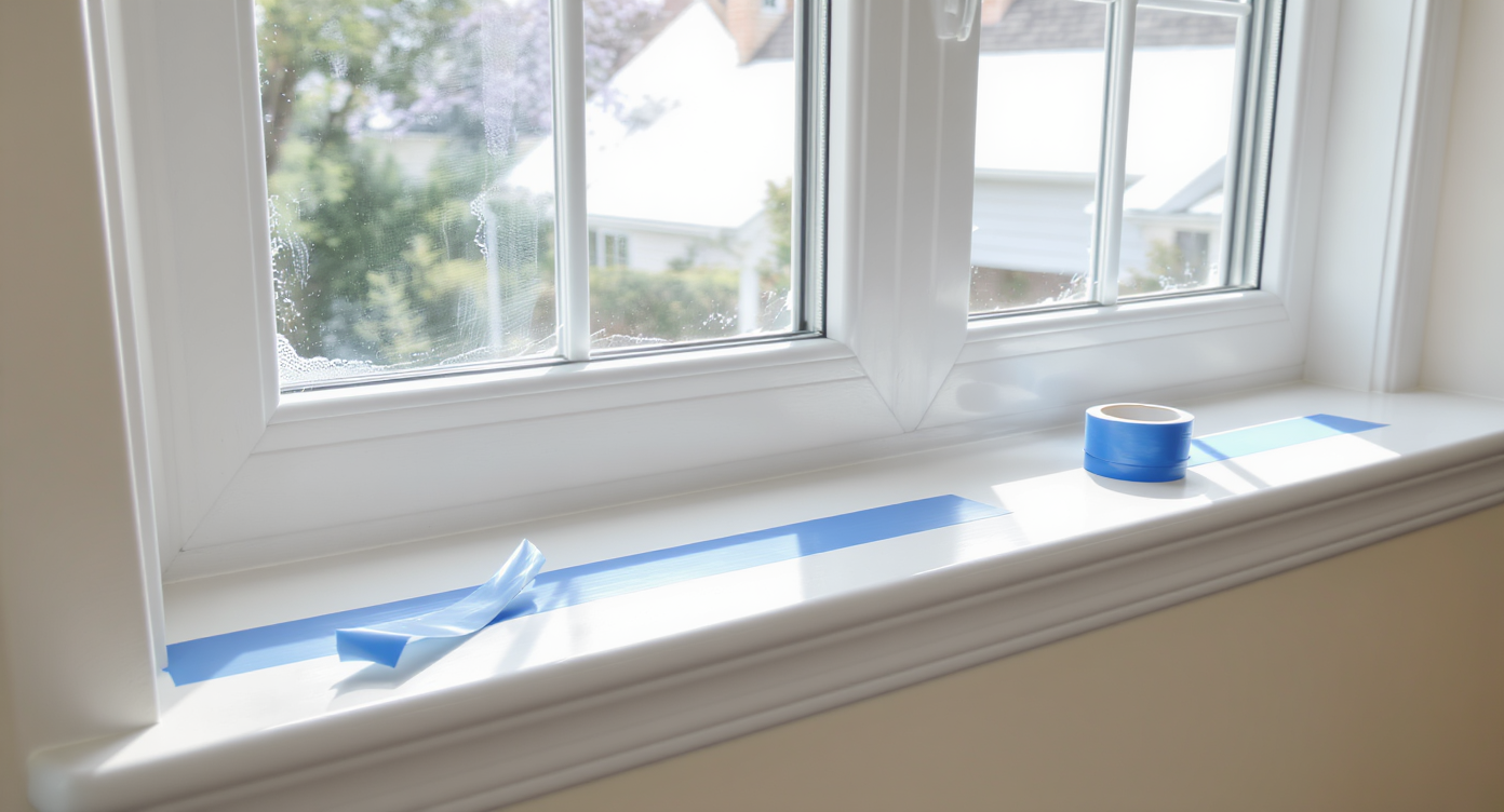 A sunlit kitchen nook shows crisp, flawless window sills and caulk, with freshly peeled blue painter’s tape resting nearby on the ledge.