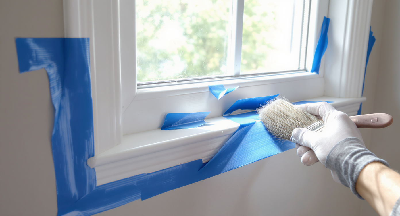 Photorealistic close-up of a bathroom window renovation showing tape on vinyl, untaped silicone caulk, and fresh paint, lit by daylight.