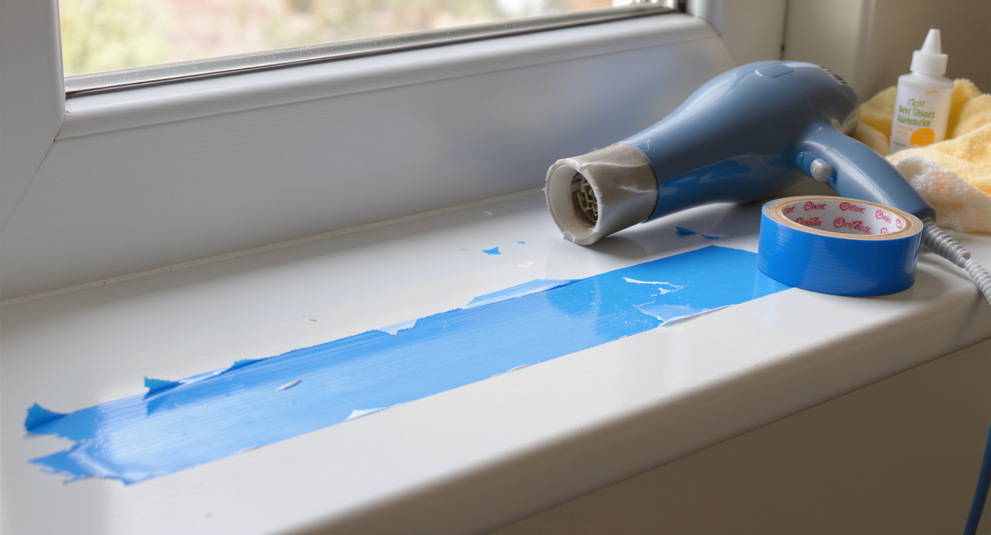 A close-up of painter's tape stuck to a caulked windowsill, with a hairdryer, citrus-based remover, cloth, and putty knife on the sill, illustrating tape removal steps.