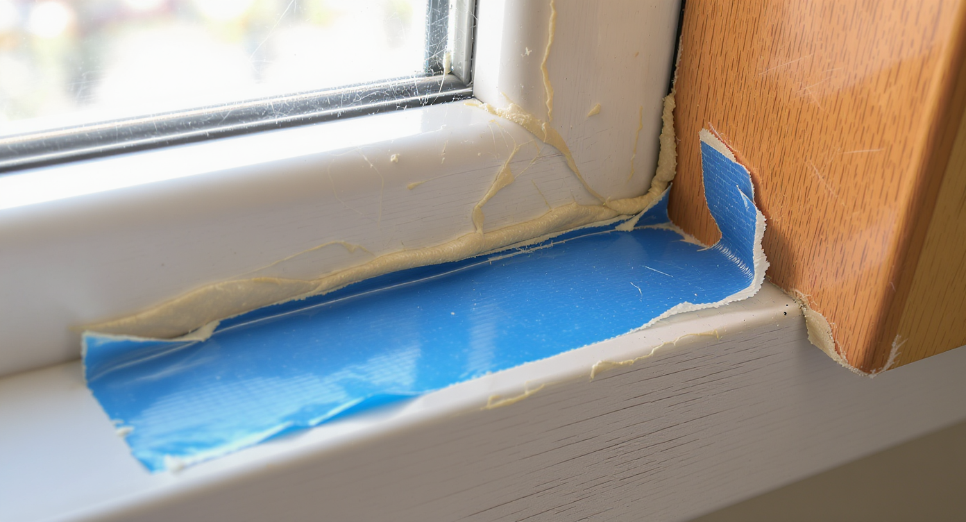 Blue painter's tape bonded to old silicone caulk on a vinyl window, showing color bleed and damaged wood trim from tape removal attempts.