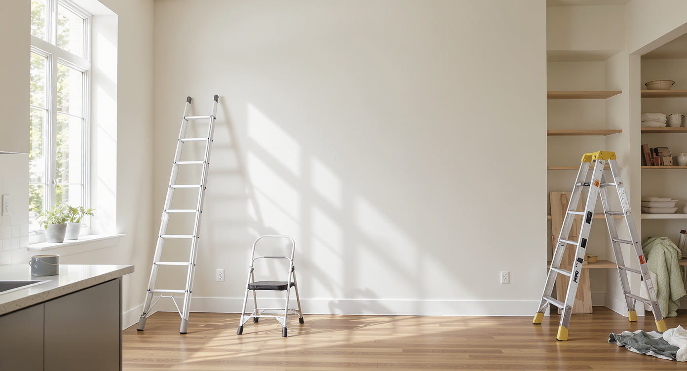 A sunlit modern home interior displays extension, step, and platform ladders positioned for renovation and daily use, with tools arranged neatly nearby.