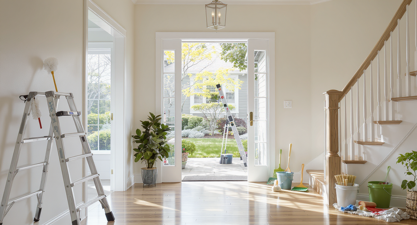 Three different ladders positioned for spring home projects: a step ladder inside, an extension ladder outdoors by gutters, and a multiposition ladder on a staircase.