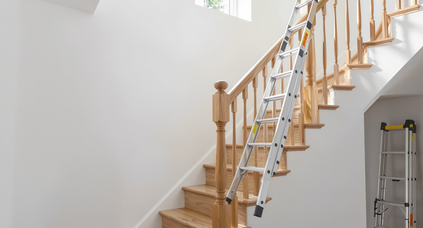 Photorealistic scene of a folding multi-position ladder set up on stairs beneath a vaulted ceiling, highlighting its adaptability and compact storage.