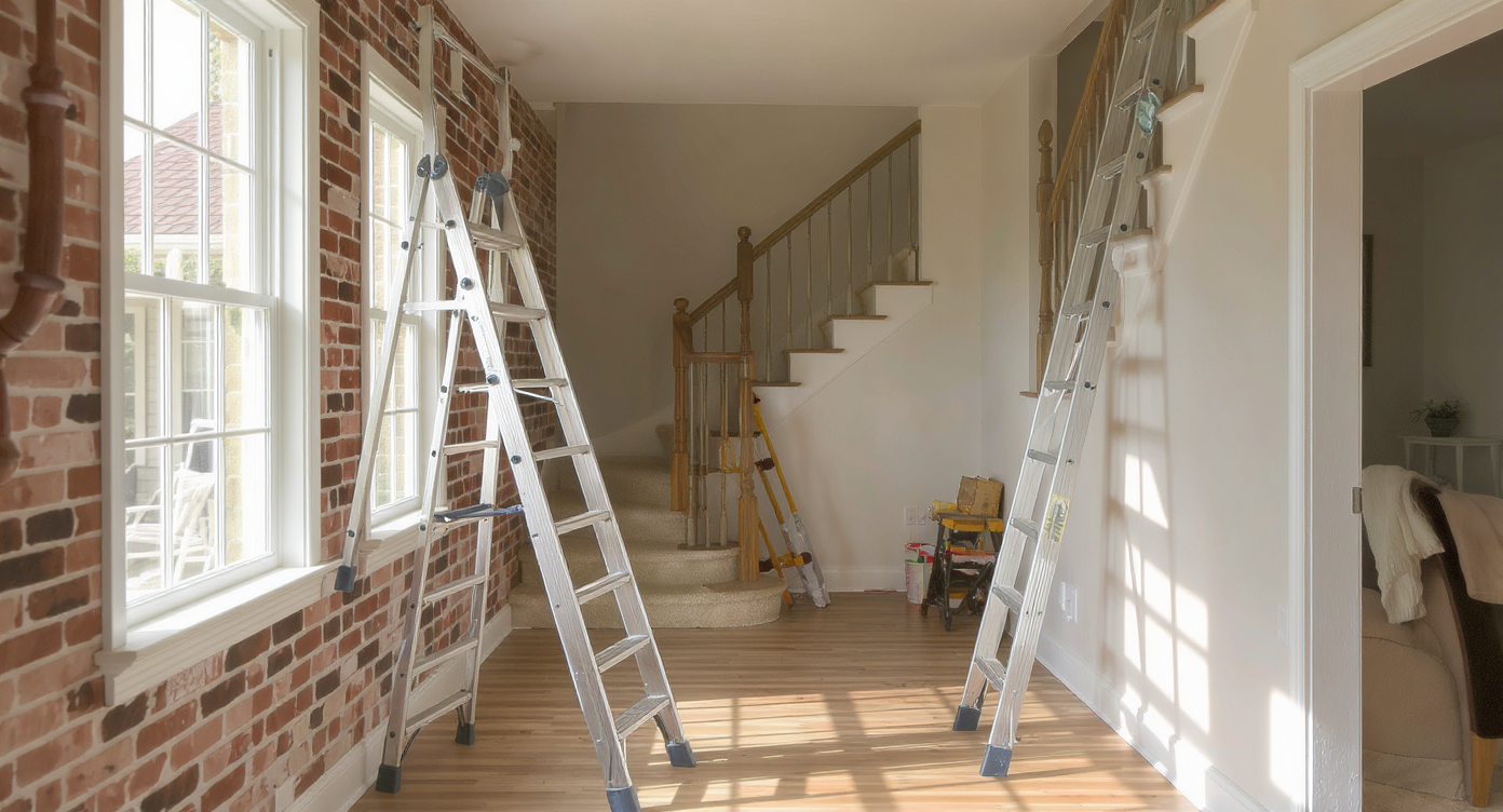 Three realistic ladders in use: extension ladder on two-story exterior, multiposition ladder over indoor stairs, A-frame by hallway smoke detector, no people.