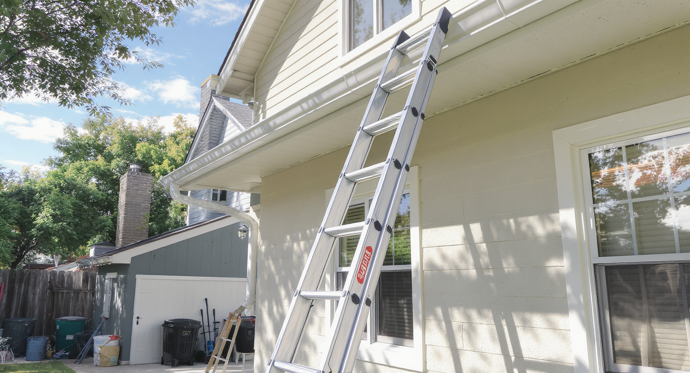 A two-story home with an aluminum extension ladder safely leaned against the upper gutter, showing stabilizing feet and rubberized end caps.