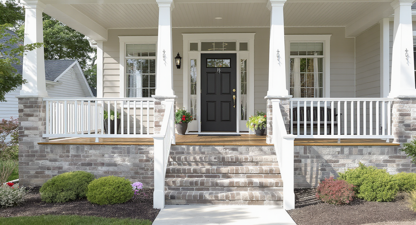 Beautifully remodeled front porch featuring new hardwood flooring, white railings, stone steps, and durable accents, shown in natural daylight.