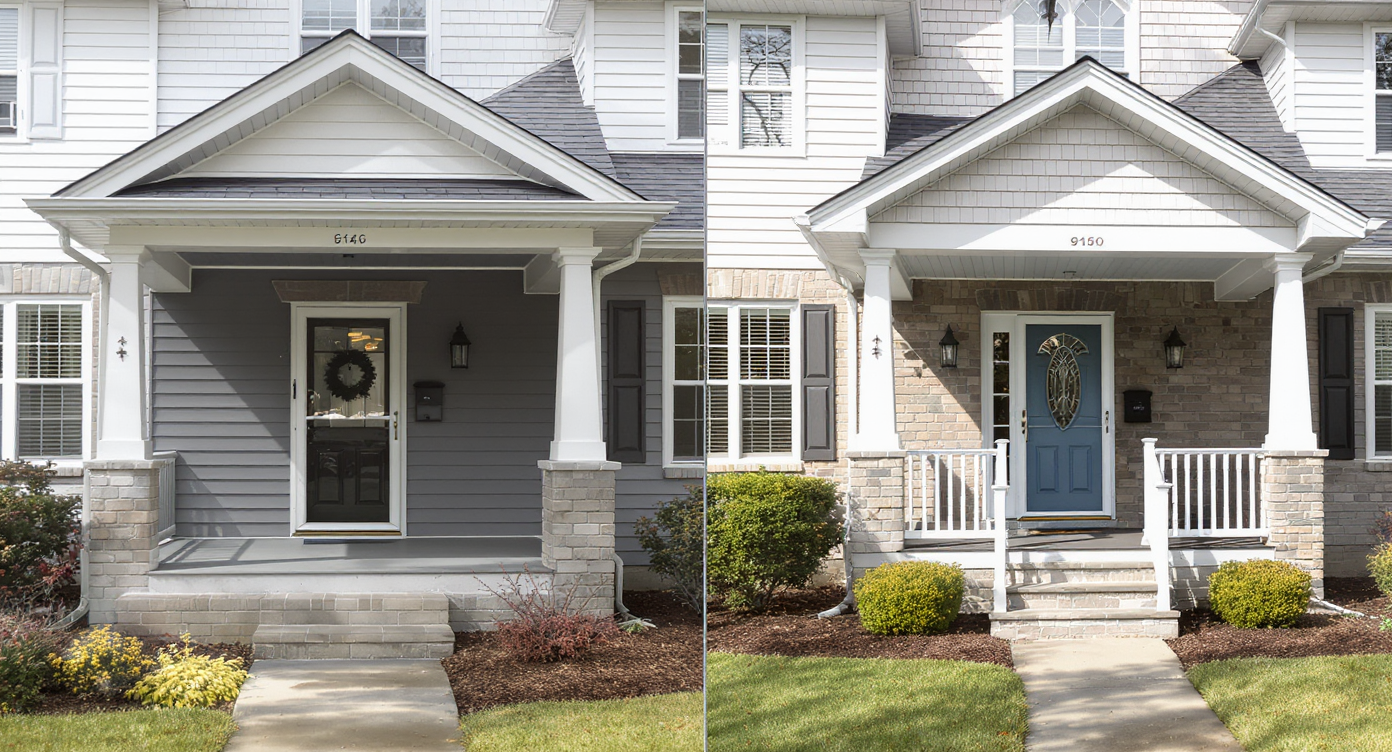 Side-by-side comparison of a small porch and an upgraded, larger covered porch showing expanded space, distinct zones, and elevated curb appeal.