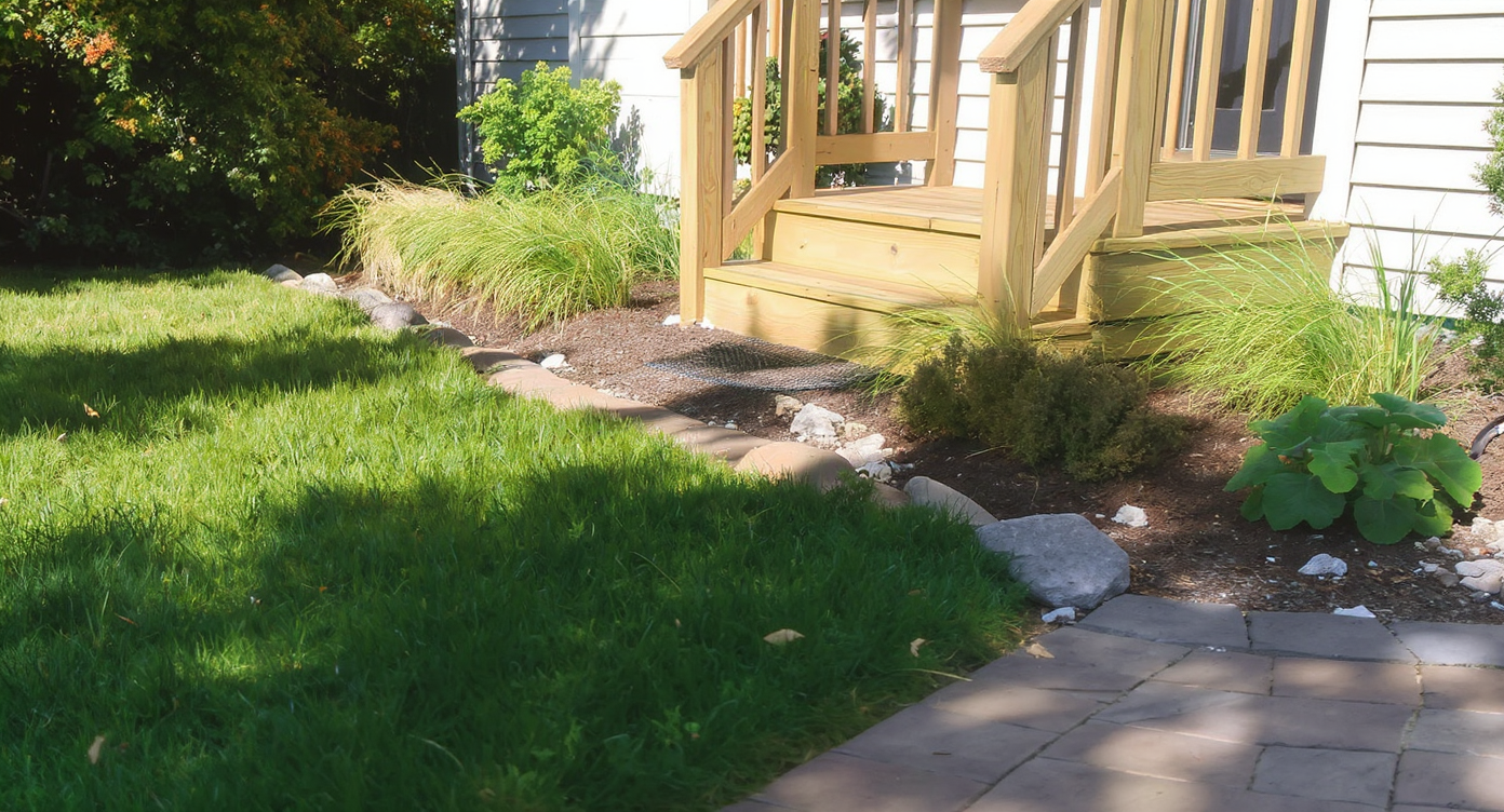 A realistic, well-drained front porch area with a seeded grass walkway, new site grading, visible drainage features, and healthy landscaping.