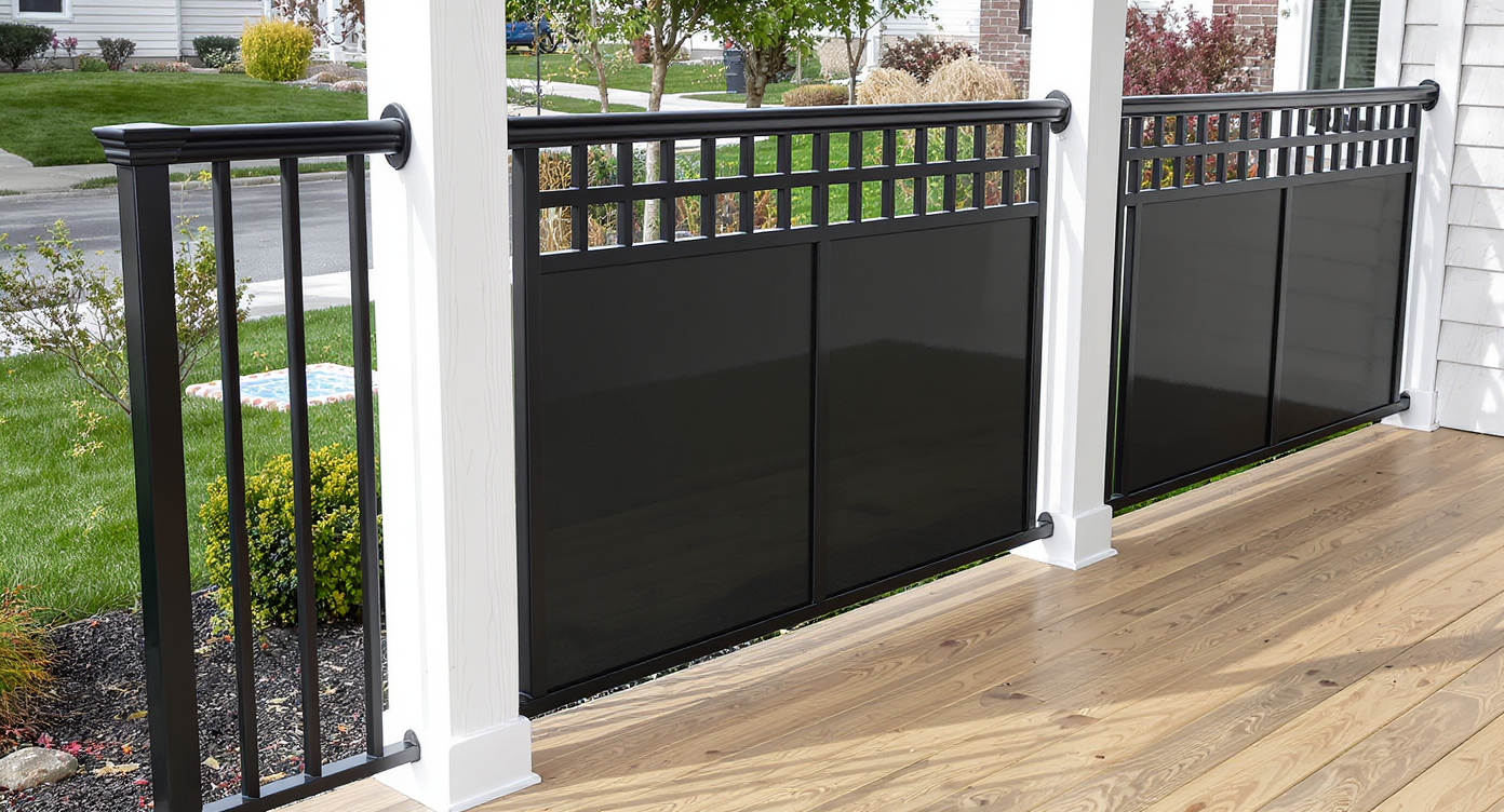 Modern front porch railing built with black metal goat panels and white posts, contrasting natural wood flooring. No people present.
