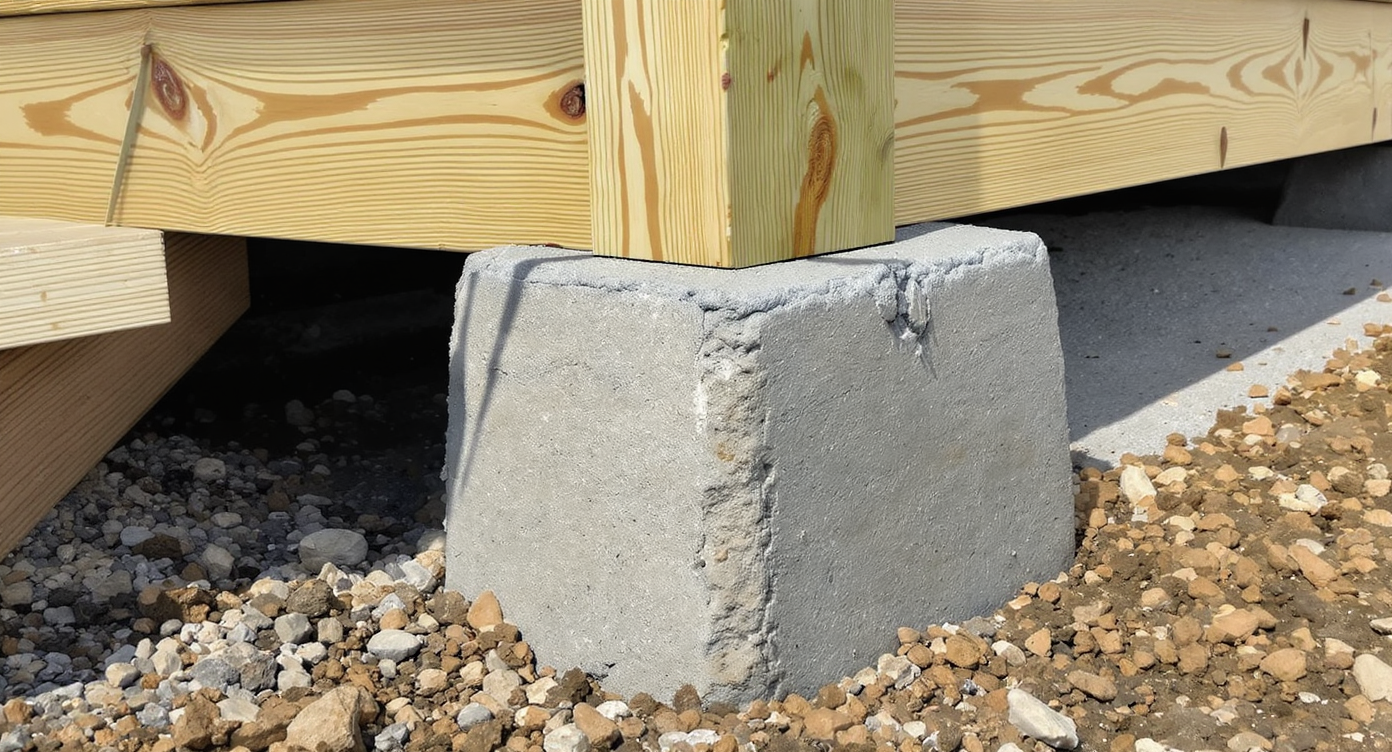 A newly installed support post set deep into a concrete footing below a front porch, showcasing robust, code-compliant construction details for structural resilience.