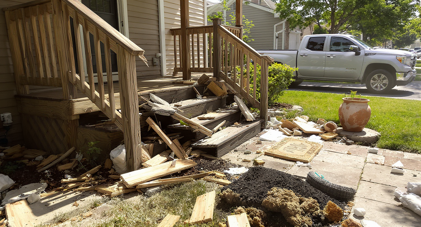 A realistic suburban front porch showing broken railings, shifted boards, and debris after a vehicle accident, with no people visible.