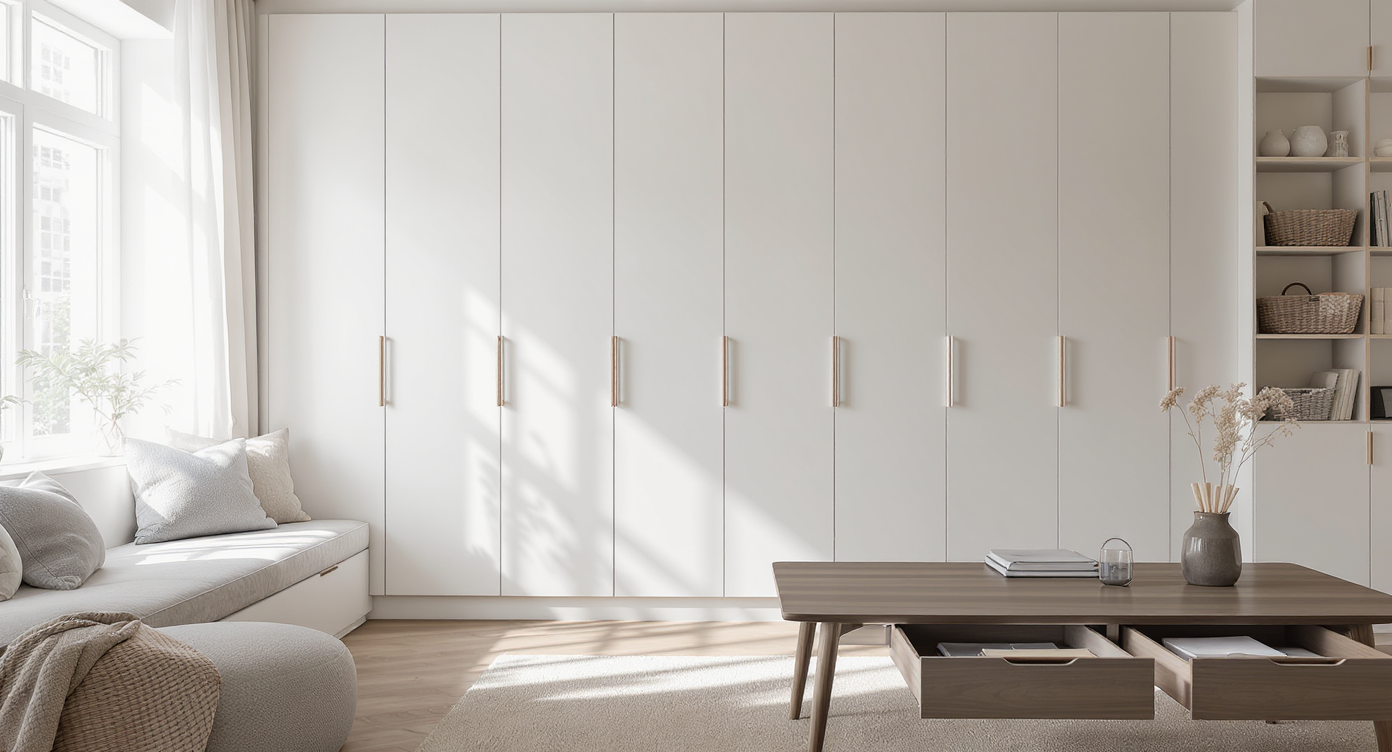 A modern multipurpose room with built-in cupboards, under-seat storage, and coffee table drawers, all closed or neatly organized to reduce clutter.