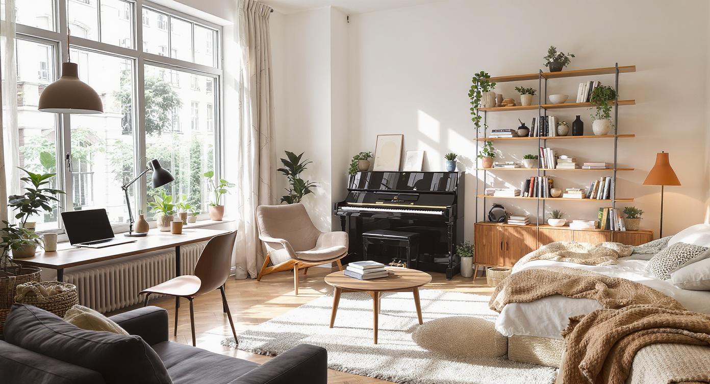 Renovated granny flat converted into a stylish multipurpose retreat with work desk, guest bed, piano, and cozy seating in natural light.