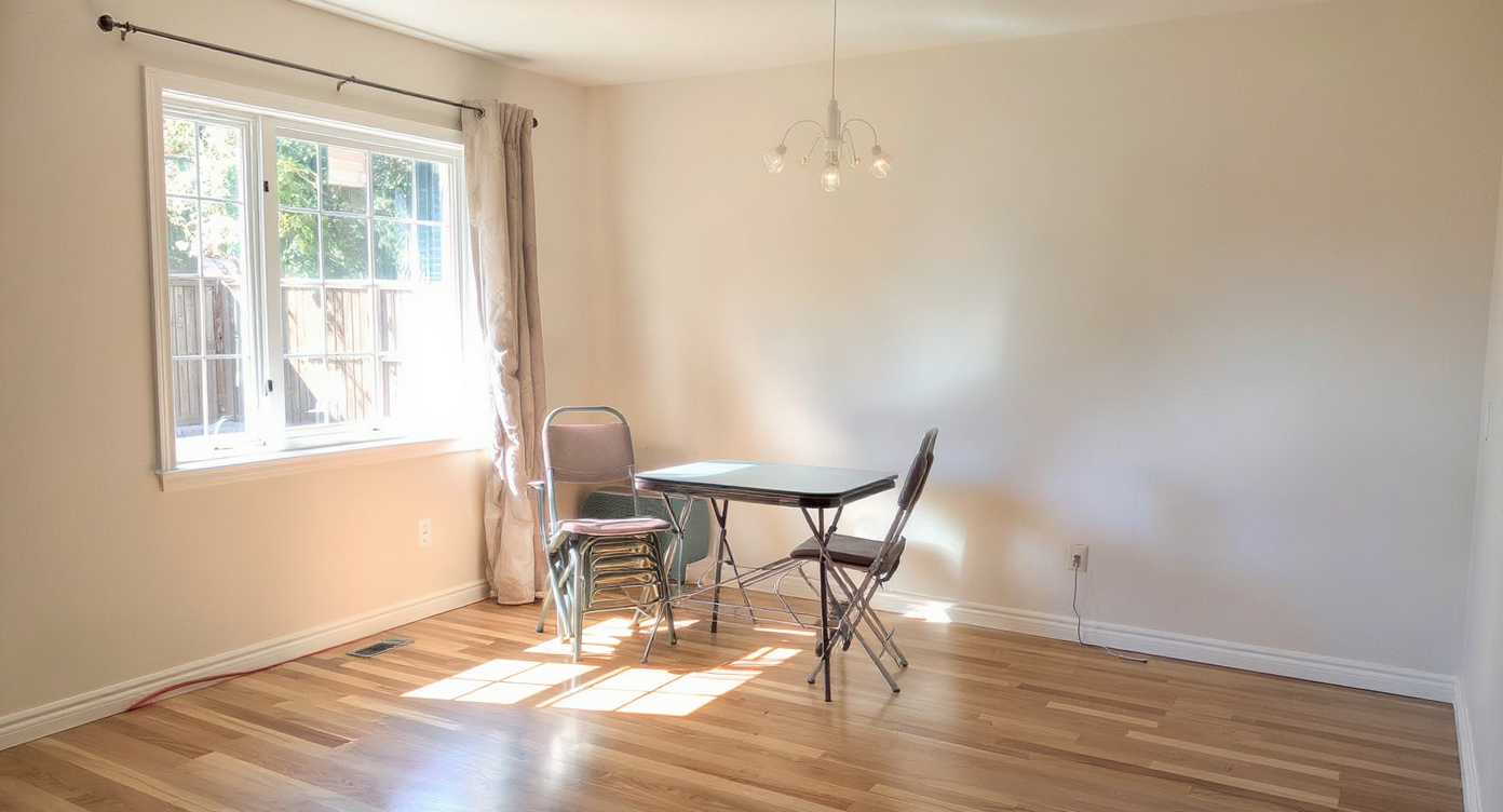 A small, sunlit granny flat reveals a newly cleared area where an old kitchenette was removed, showcasing reclaimed open floor space and multipurpose furnishings.
