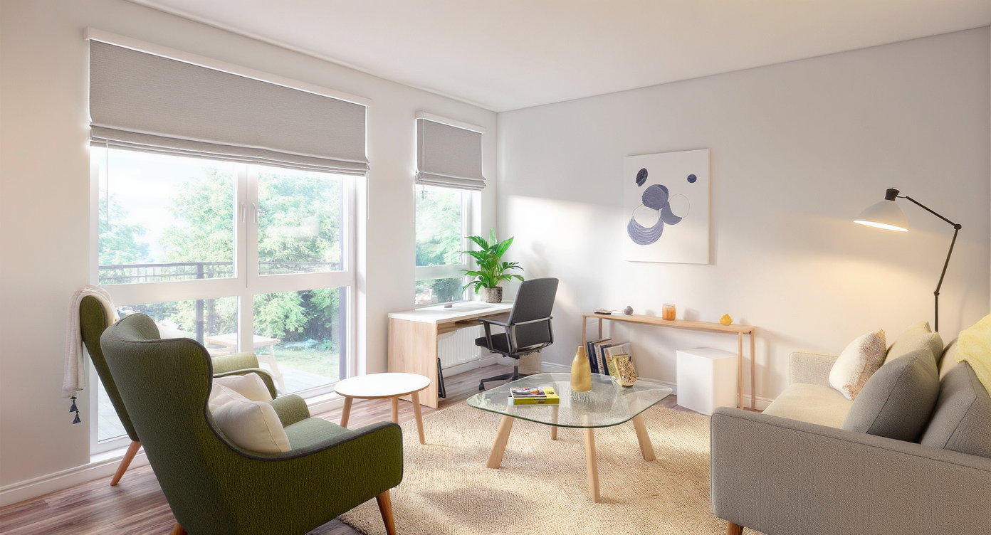 Bright multipurpose room featuring large windows with roller shades, mixed lighting fixtures, and clearly defined areas for music, crafts, and relaxation.