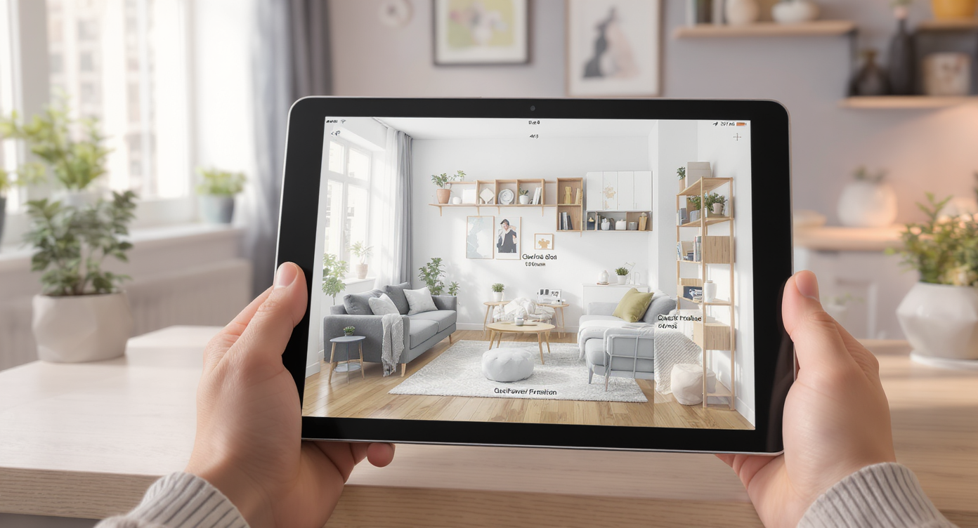 A modern granny flat with a tidy desk, laptop showing a virtual layout plan, and real matching furniture arranged efficiently in natural light.
