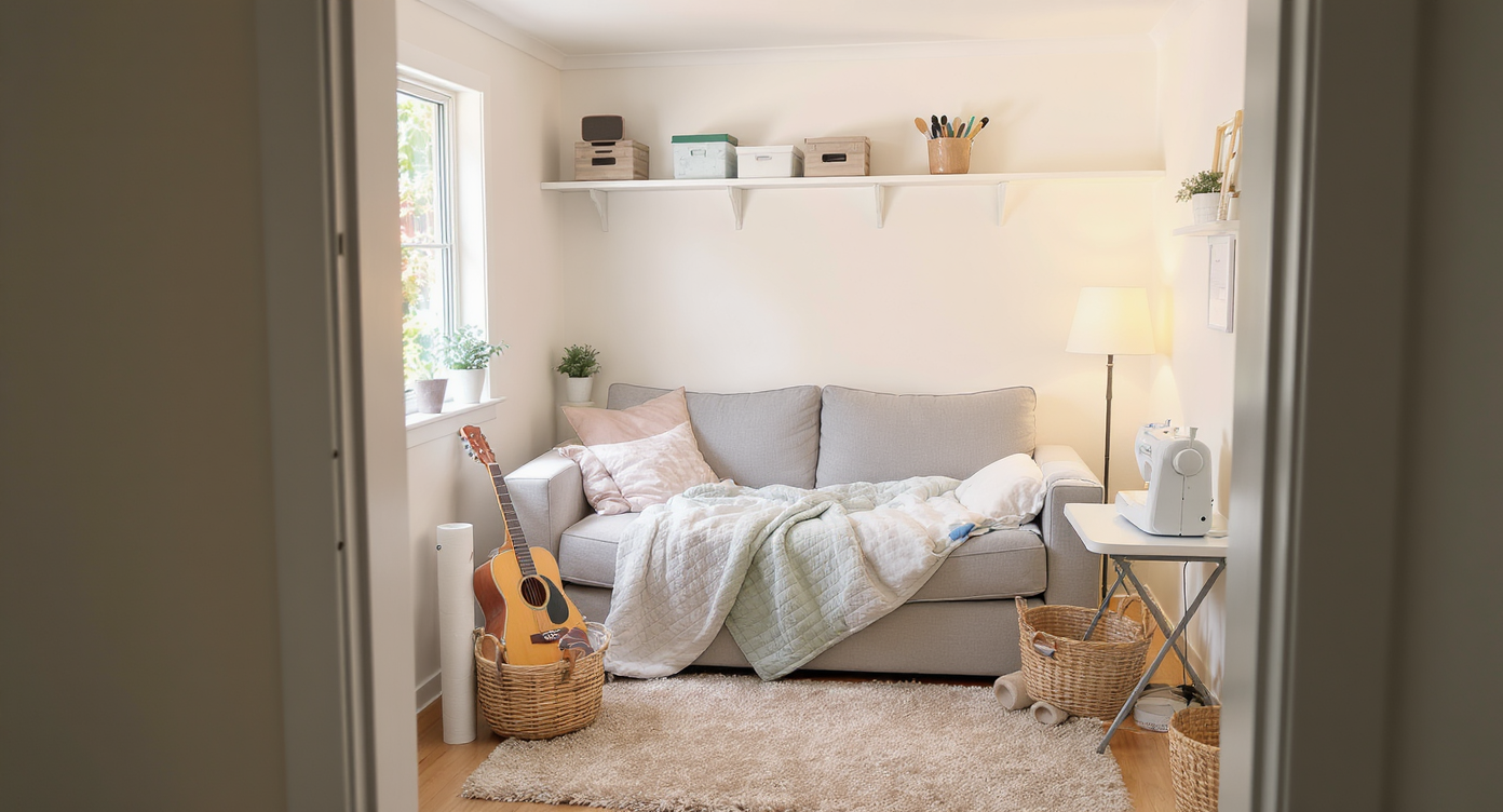 Compact, sunlit former granny flat interior with a modular sofa-bed, guitar, sewing machine, and yoga mats arranged for multi-use versatility.