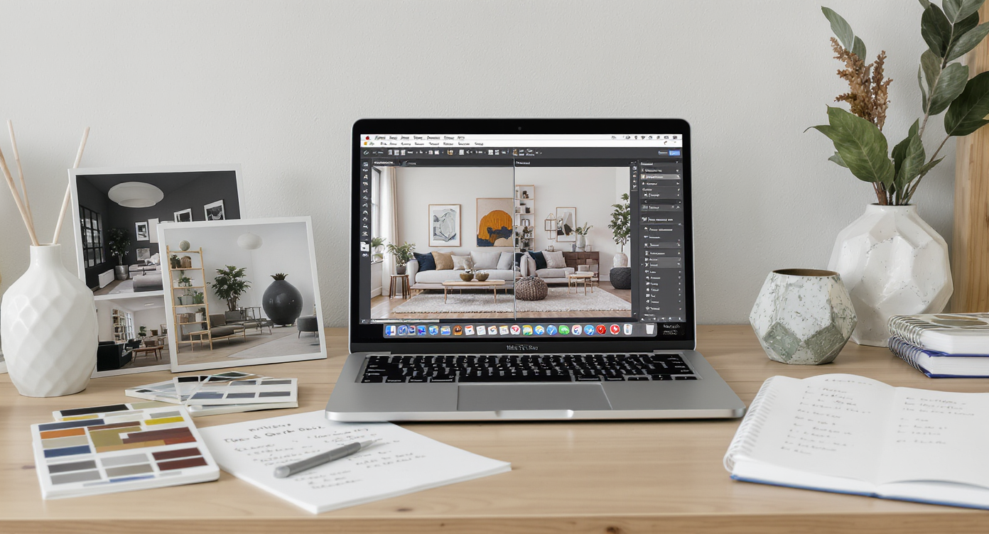 A well-lit desktop shows a laptop with interior design visualizations, printed style photos, sample swatches, a filled style quiz, and modern decor accessories.
