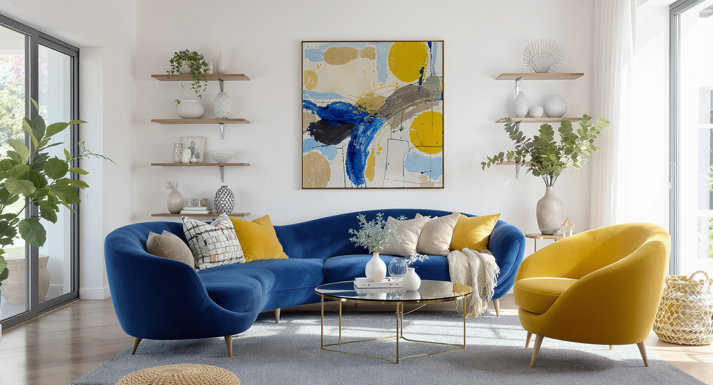 A chic, photorealistic modern living room with eclectic postmodern furniture, bold colors, sculptural pieces, and artful decor—no people shown.