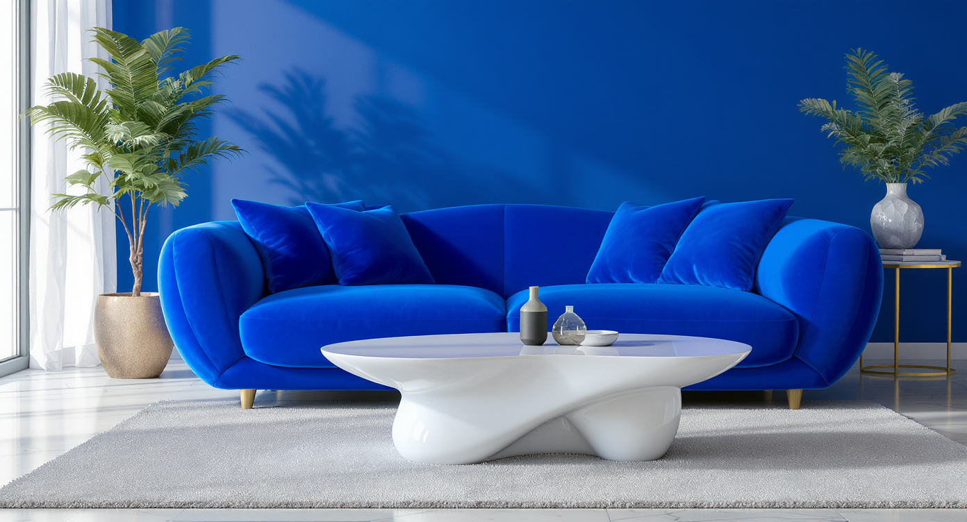 Editorial living room with a chunky colorful sofa, postmodern coffee table with bulbous legs, and a wavy mirror, in a sunlit, neutral space.