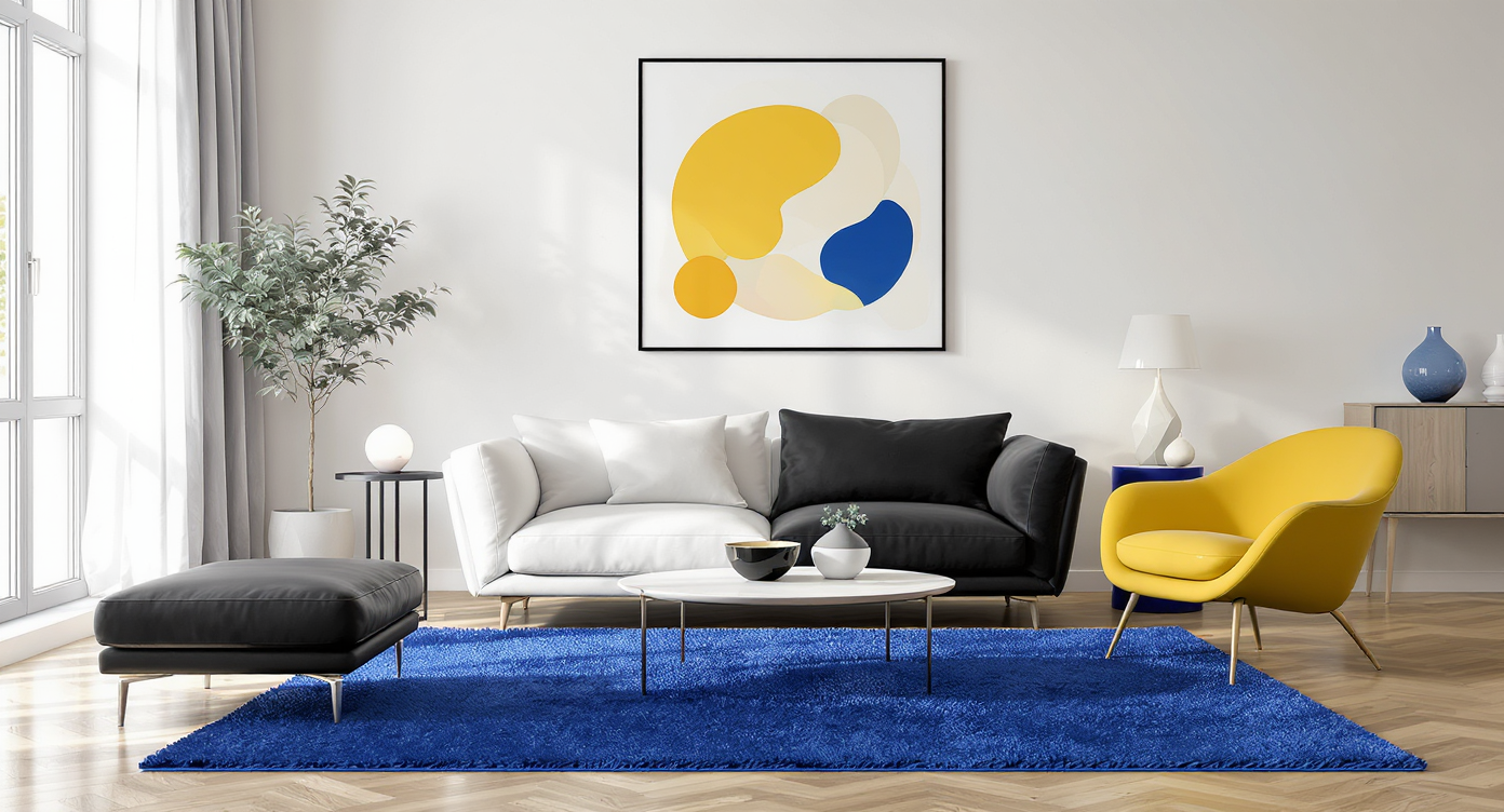 A photorealistic living room with a black-and-white sofa, an egg-yolk yellow chair, and a royal blue rug, demonstrating bold color centerpiece.