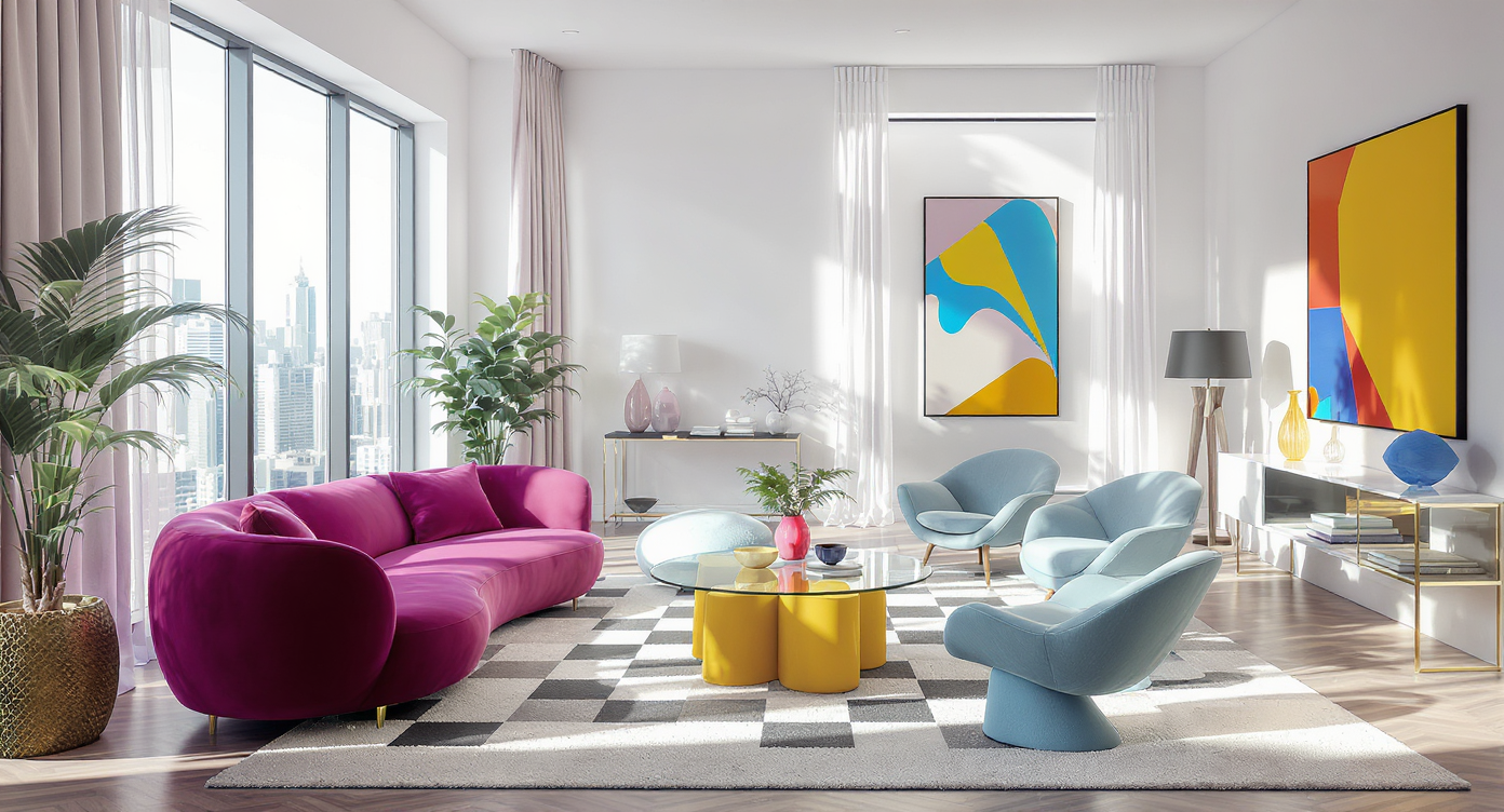 Eclectic postmodern living room with bold geometric furniture, vibrant colors, graphic decor, and natural daylight, styled without human presence.