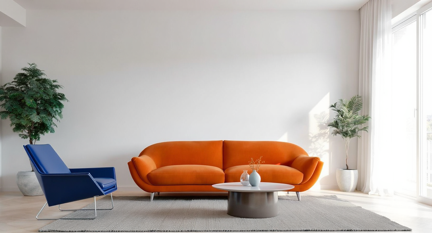 A minimalist living room with neutral walls and floors, featuring a bold orange sculptural sofa and a cobalt blue accent chair as statement pieces.