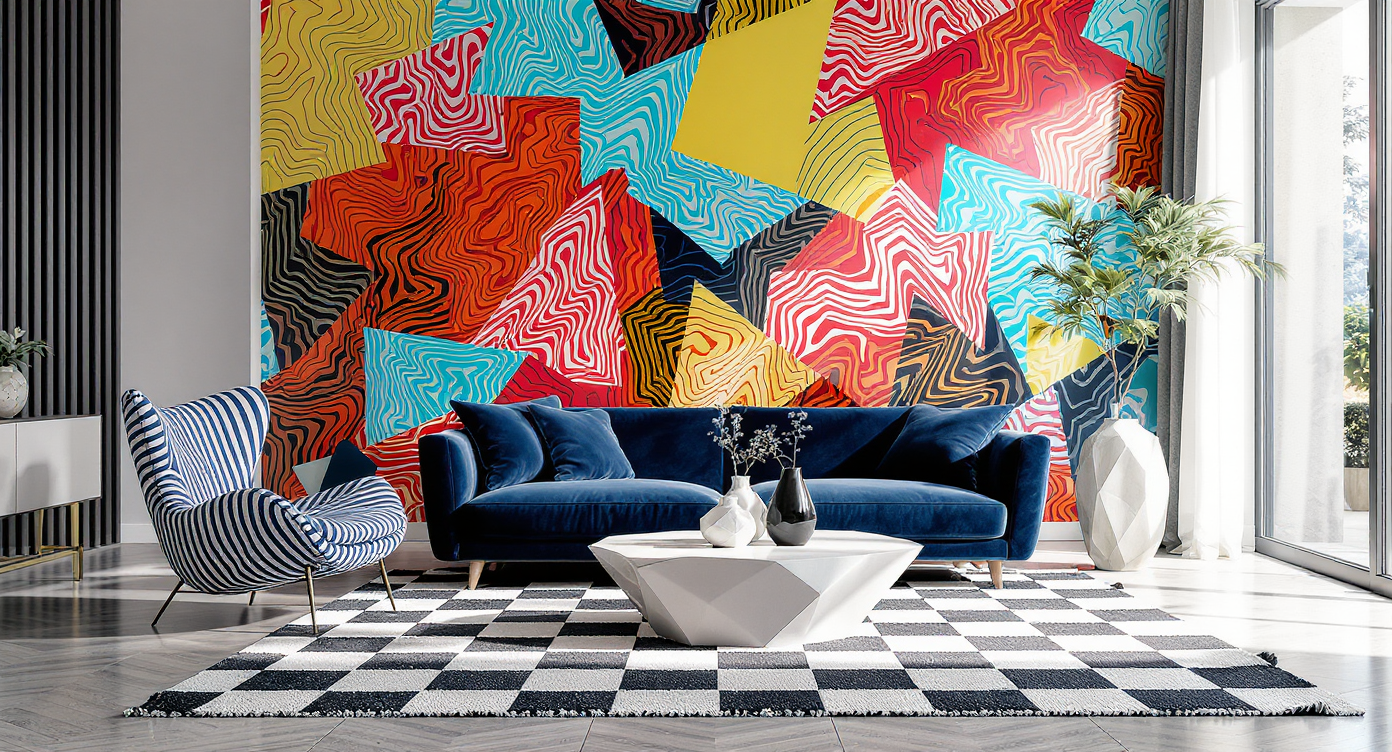 A photorealistic living room with an oversized checked rug, squiggle-patterned wallpaper, and striped accent chair, showcasing bold graphic geometry.