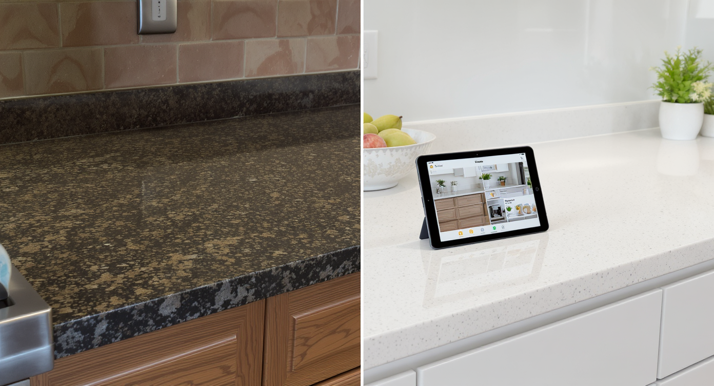 Modern kitchen showing half dark granite and half light cream quartz countertops, digital tablet displaying before-and-after preview, no people.