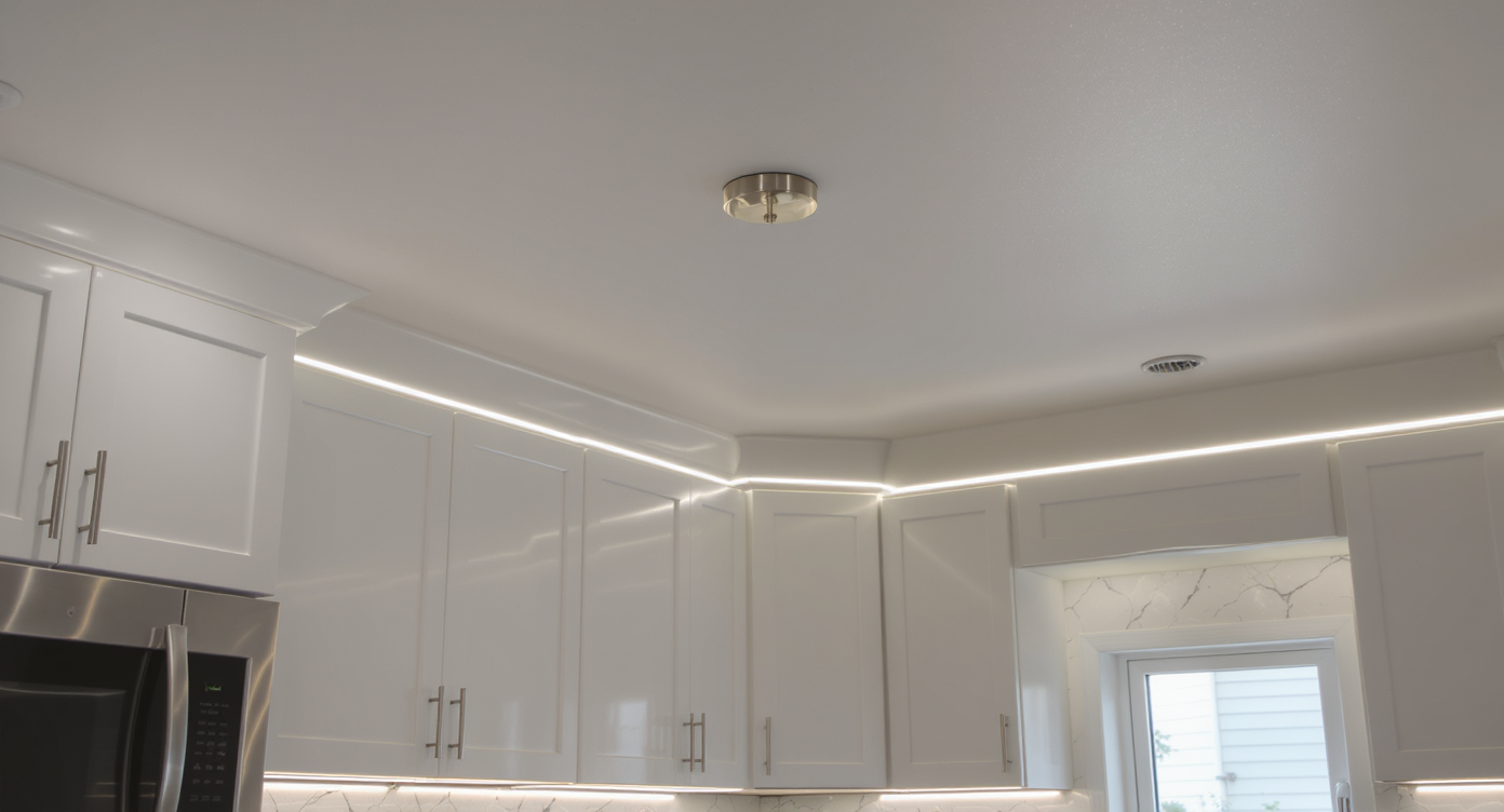 Modern kitchen close-up with semi-flush ceiling fixture, recessed canless lights, and bright under-cabinet LED strips showing enhanced layered lighting.