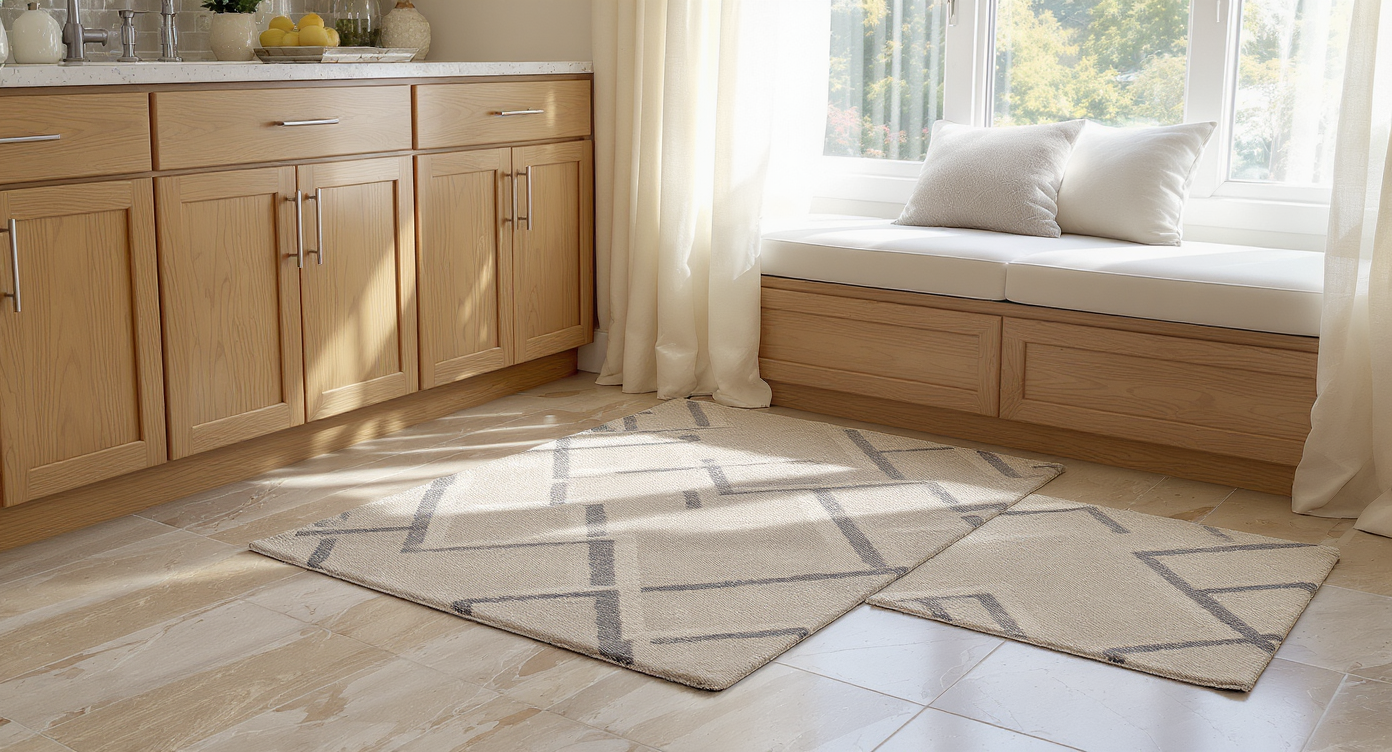 A modern kitchen corner with travertine tile floor, wood cabinets, a black and cream geometric rug, and neutral seat cushions on a bench.