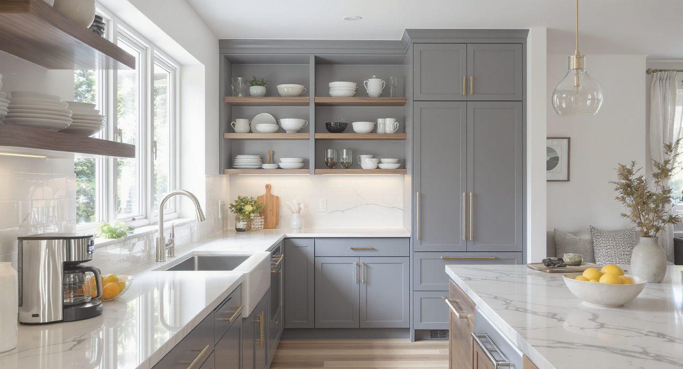A streamlined kitchen with clutter-free counters, matching cabinetry, a slim tall pantry, built-in banquette, and open shelving by a window.