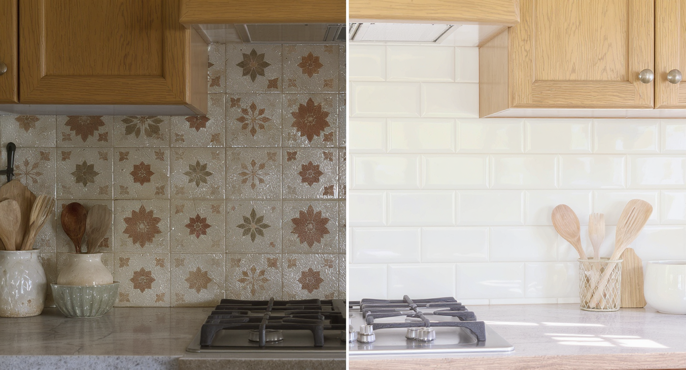 Modern kitchen backsplash transformation, half showing old busy tiles, half with new matte white subway tiles, enhancing visual harmony.