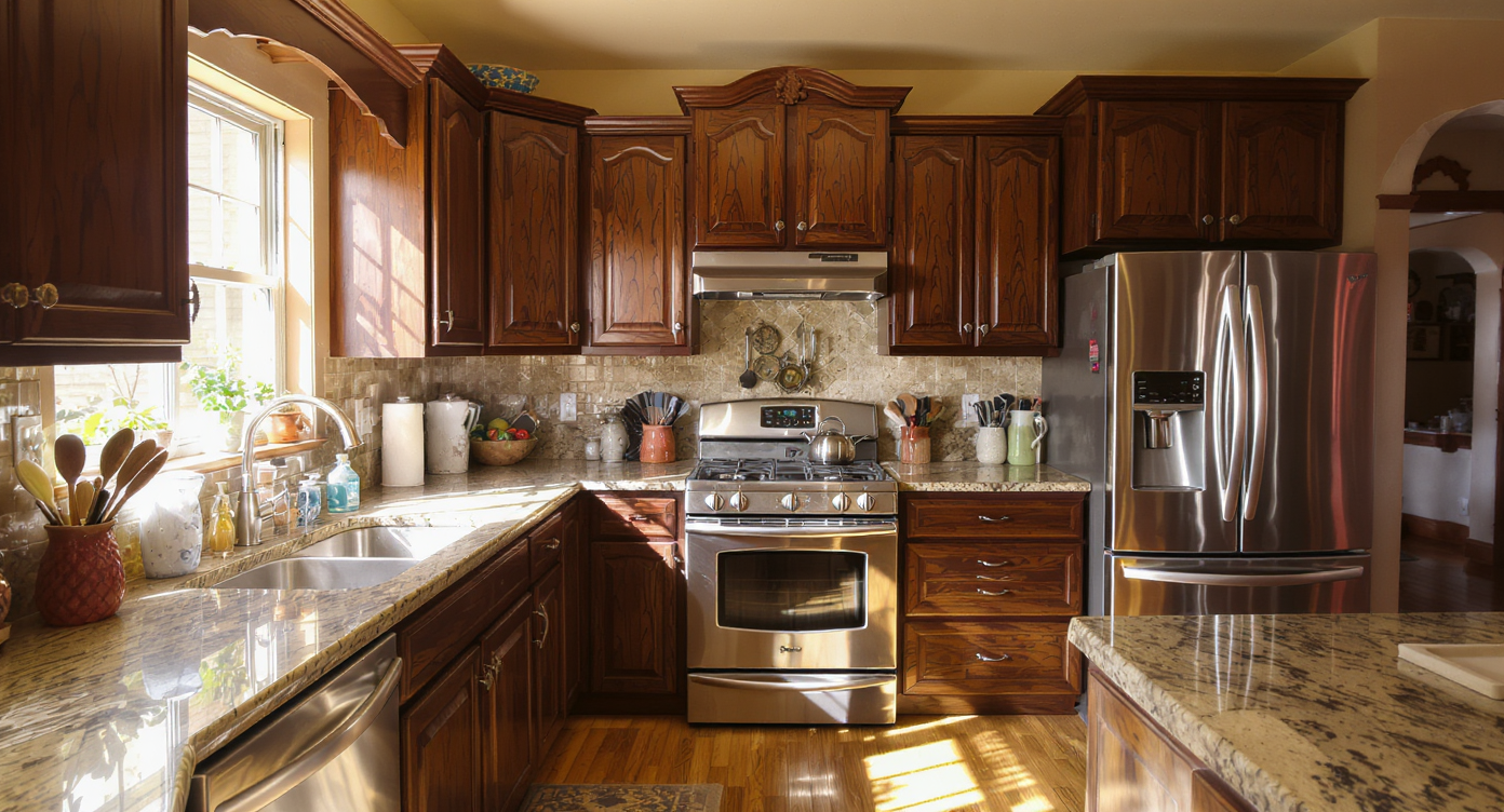 A modern 2000s kitchen with mismatched cabinets, granite counters, and oak flooring, showing visual imbalance and contrasting finishes.