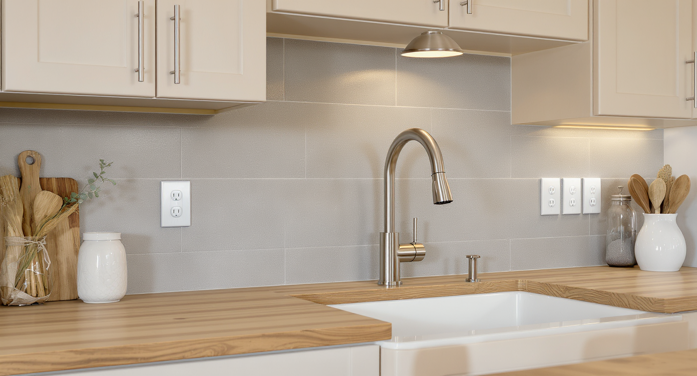 A photorealistic kitchen close-up showing matching cabinet pulls, a brushed nickel faucet, and white wall plates for a unified look.