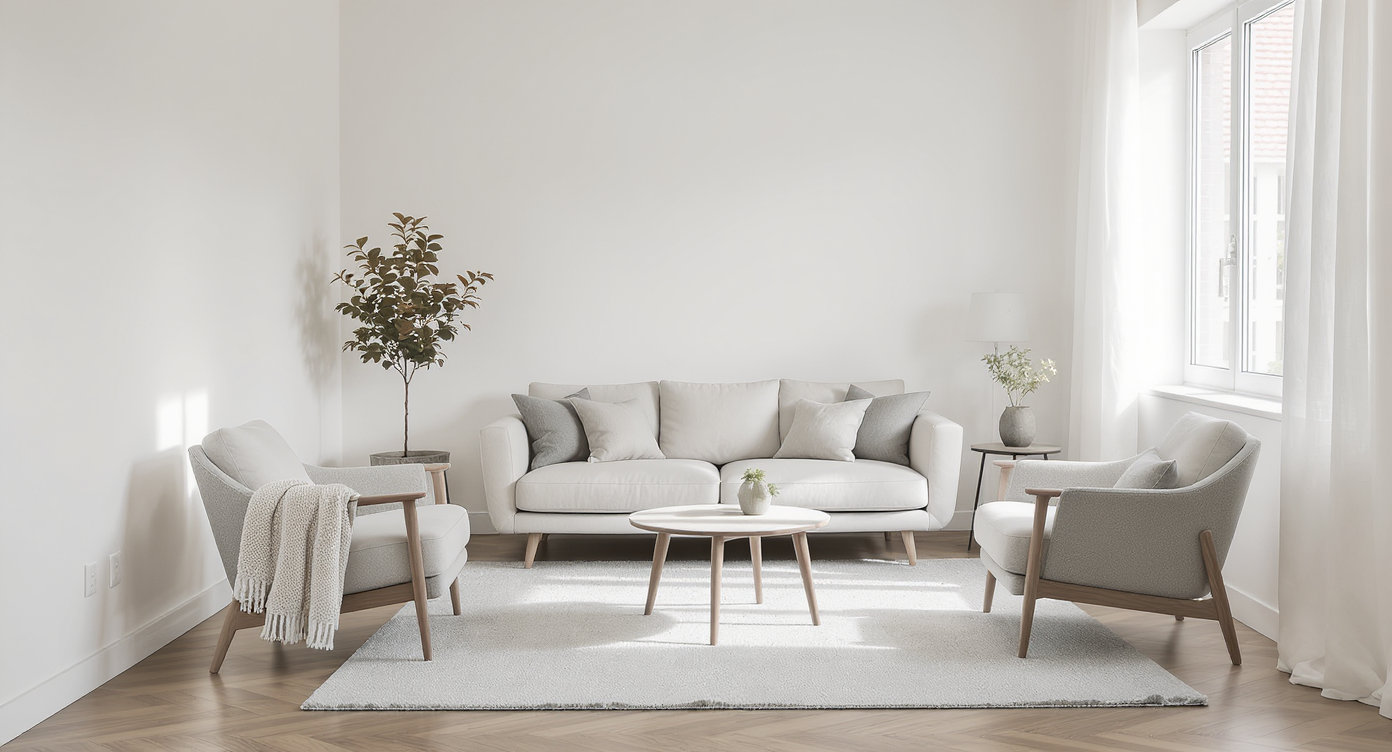 Small living room with a sofa and two armchairs spaced apart, angled for conversation, and a small table in between, maximizing open flow.