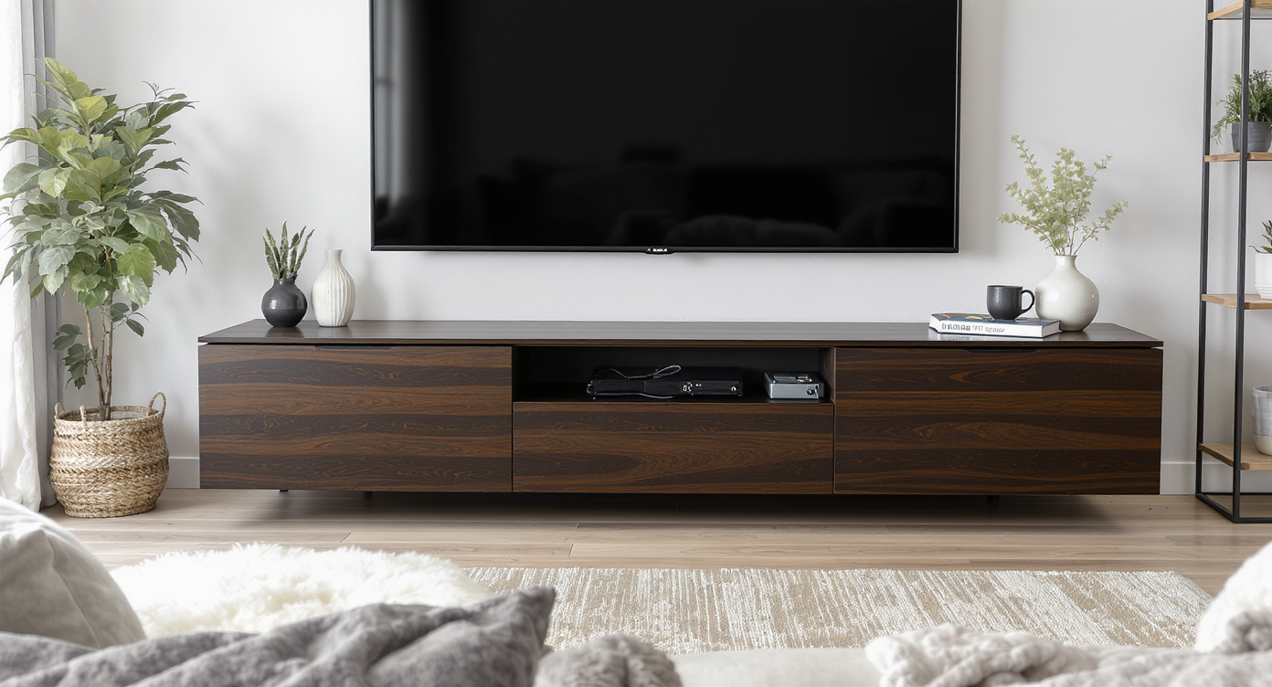 A small living room features a low, wide, dark media console with closed storage beneath a wall-mounted TV, creating a tidy and grounded look.