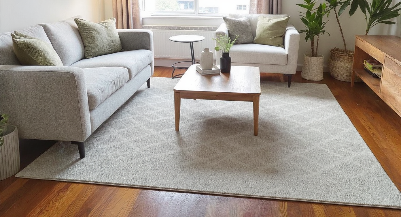 Small living room with layered rugs—large neutral sisal base and smaller patterned accent rug—under seating group for warmth and coziness.